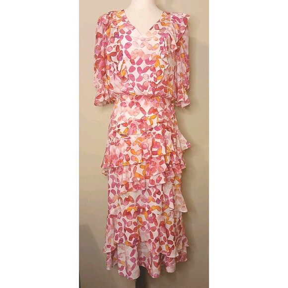Tyler Boe Dress Sz 4 Pink Floral 100% Silk A-line Midi Ruffled Lined $388 NWT - Picture 2 of 16